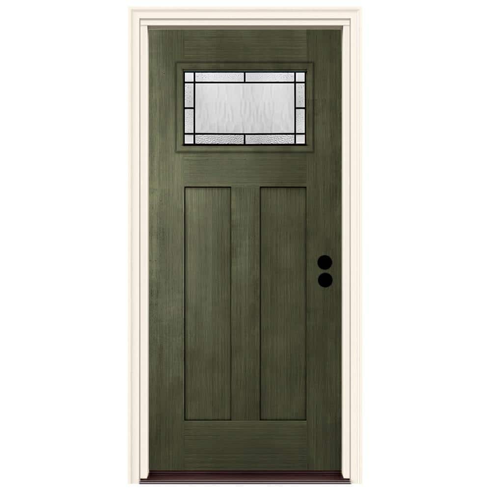 36 in. x 80 in. Left - Hand 1 - Lite Craftsman Wendover Juniper Stained Fiberglass Prehung Front Door with Brickmould - Stu's Home Improvement Outlet
