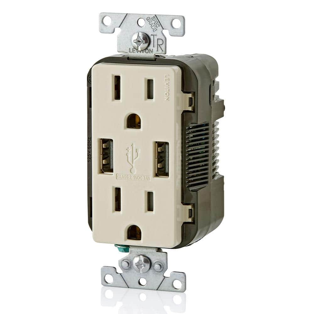 3.6A USB Dual Type A In - Wall Charger with 15 Amp Tamper - Resistant Outlets, Light Almond - Stu's Home Improvement Outlet