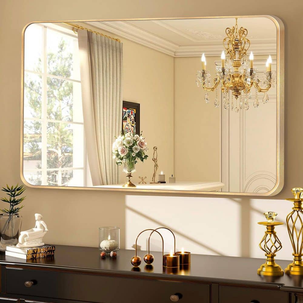 30 in. W x 48. 2 in. H Rectangular Aluminum Frame Square Gold Wall Mirror