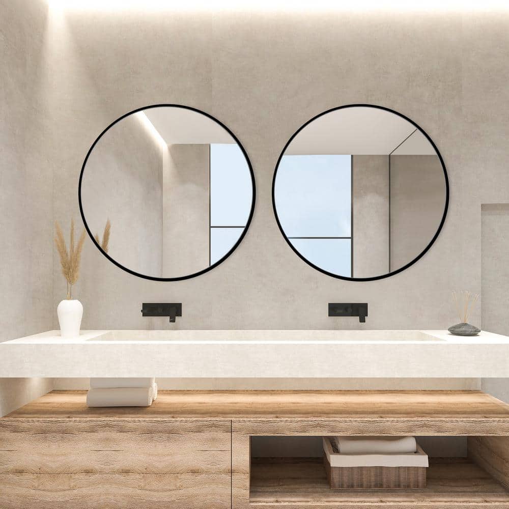 24 in. W x 24 in. H Black Vanity Round Wall Mirror Aluminium Alloy Frame Bathroom Mirror (2-Pieces)