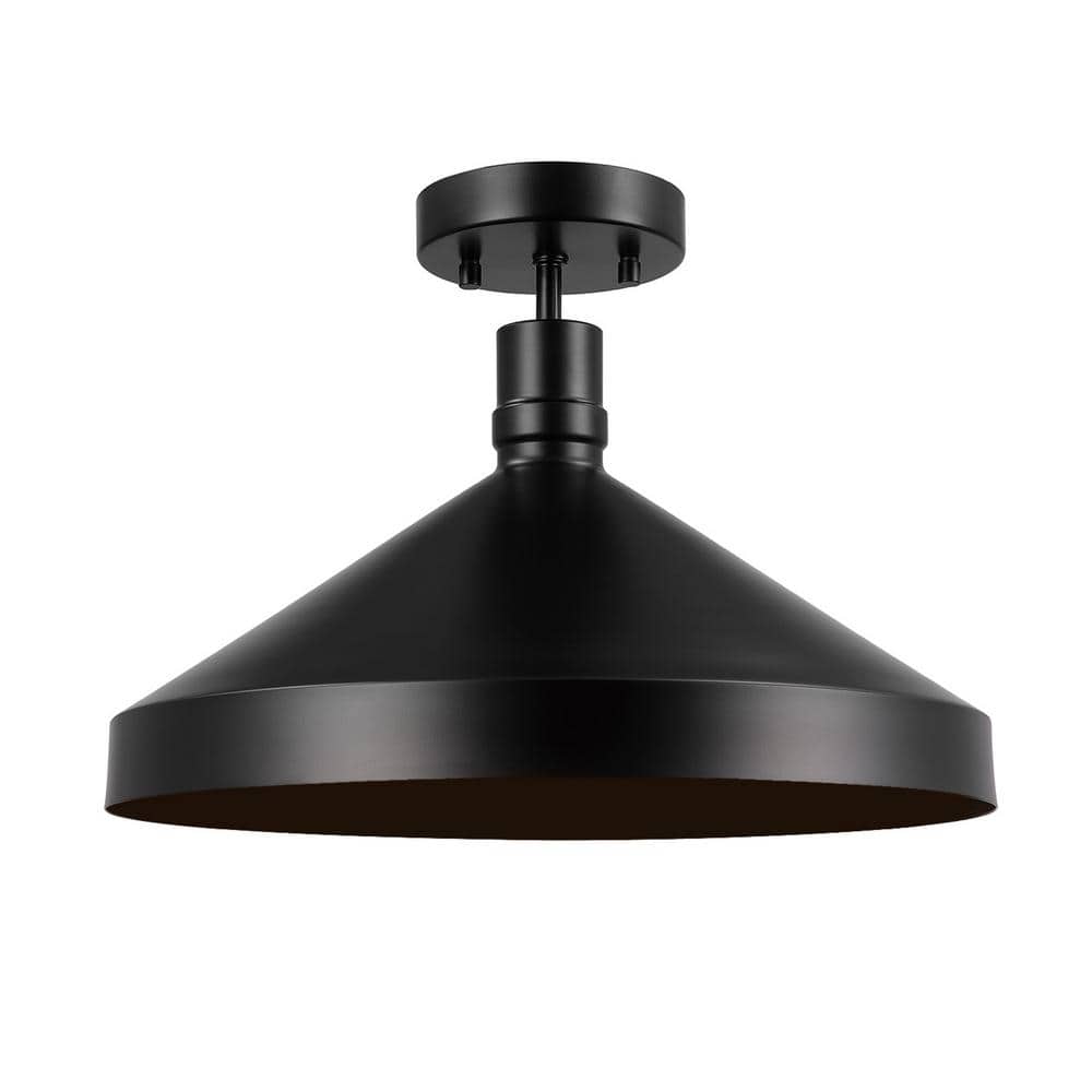 1-Light Matte Black Outdoor Flush Mount Light with Metal Black Shade