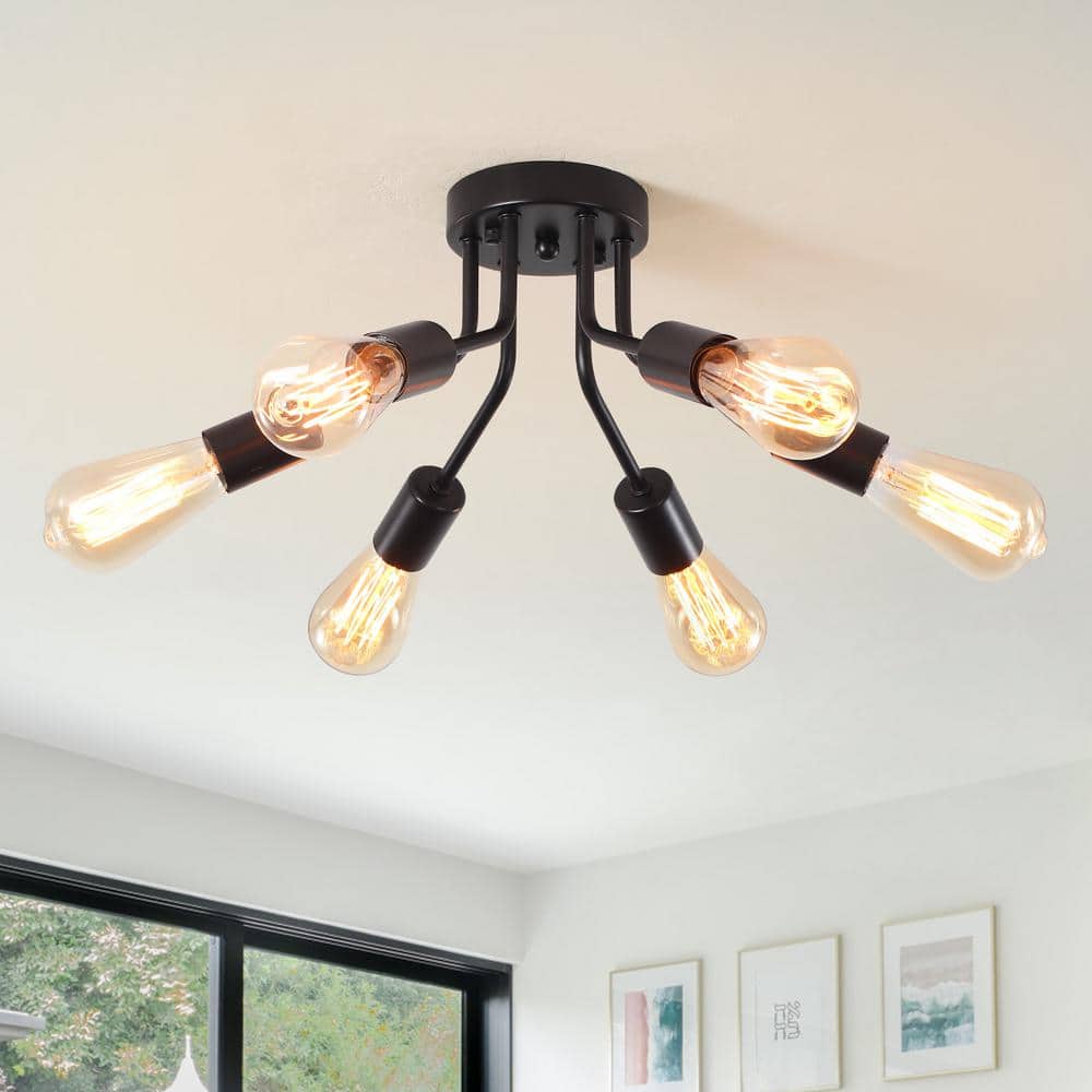 LWYTJO Fasiha 14.78 in. 6-Light Matte Black Sputnik Sphere Chandelier Industrial Vintage Linear Semi Flush Mount Ceiling Light