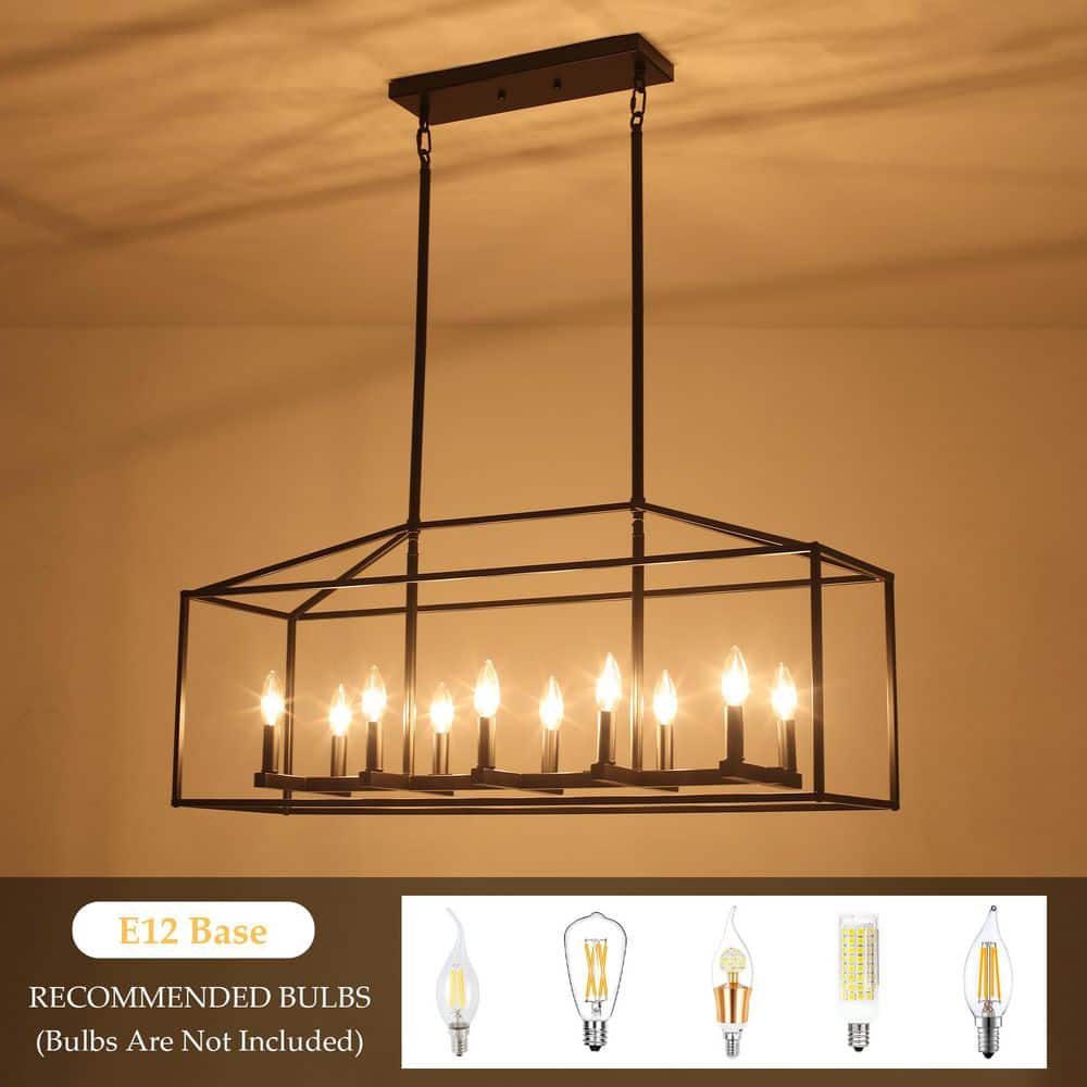 38 in. 10 - Light Black Rectangle Candle Chandelier Industrial Linear Dimmable Pendant for Dining Room, No Bulbs Included - Stu's Home Improvement Outlet