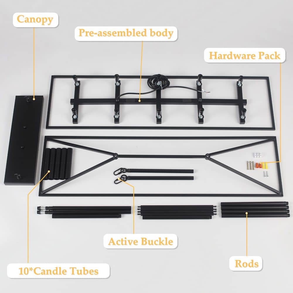 38 in. 10 - Light Black Rectangle Candle Chandelier Industrial Linear Dimmable Pendant for Dining Room, No Bulbs Included - Stu's Home Improvement Outlet