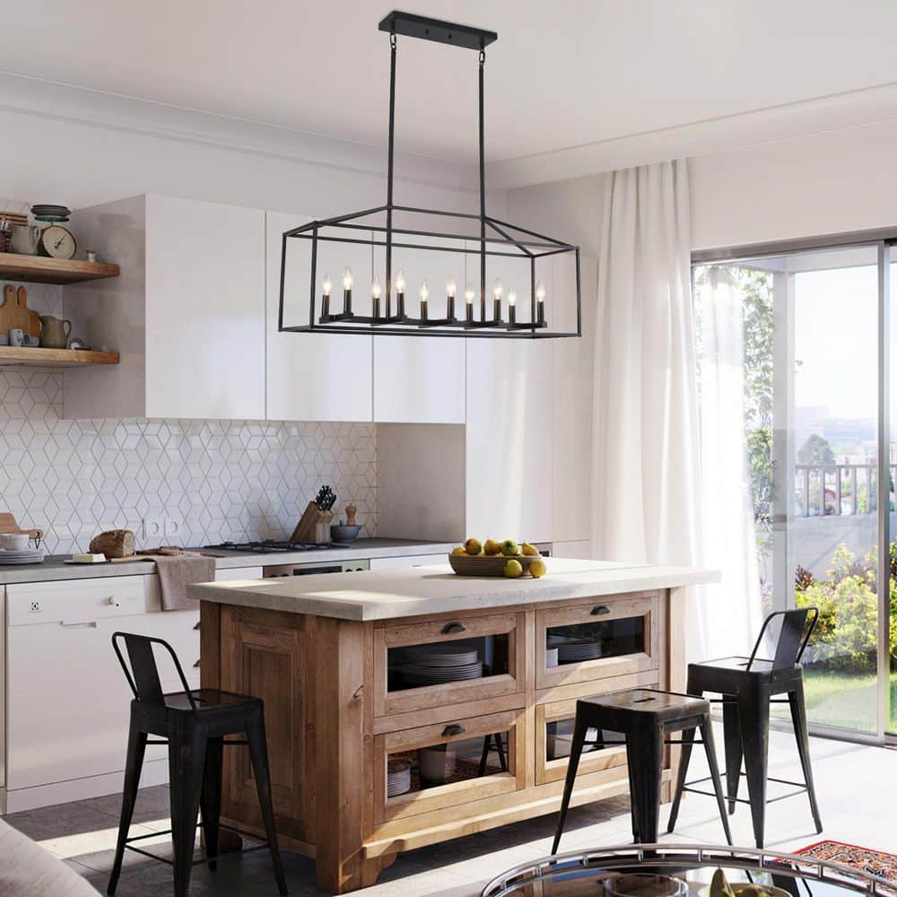 38 in. 10 - Light Black Rectangle Candle Chandelier Industrial Linear Dimmable Pendant for Dining Room, No Bulbs Included - Stu's Home Improvement Outlet