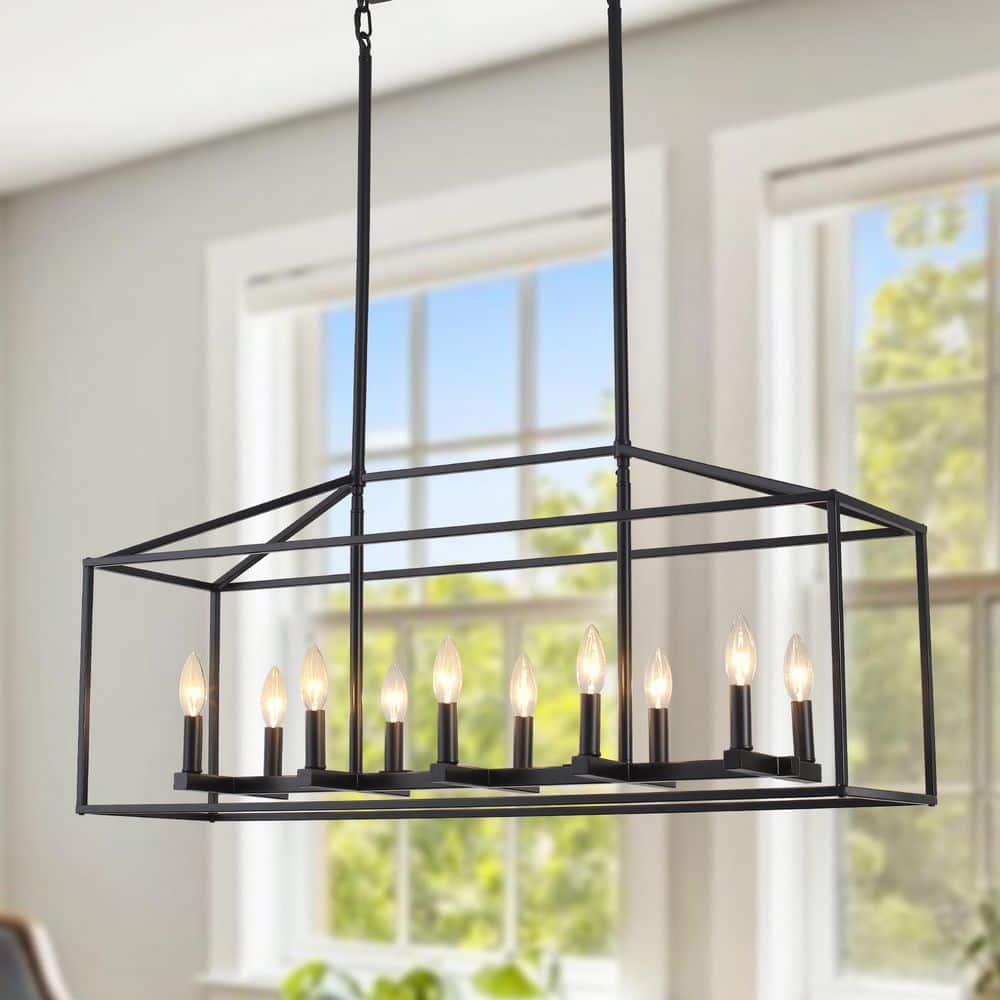 38 in. 10 - Light Black Rectangle Candle Chandelier Industrial Linear Dimmable Pendant for Dining Room, No Bulbs Included - Stu's Home Improvement Outlet