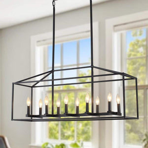 38 in. 10 - Light Black Rectangle Candle Chandelier Industrial Linear Dimmable Pendant for Dining Room, No Bulbs Included - Stu's Home Improvement Outlet