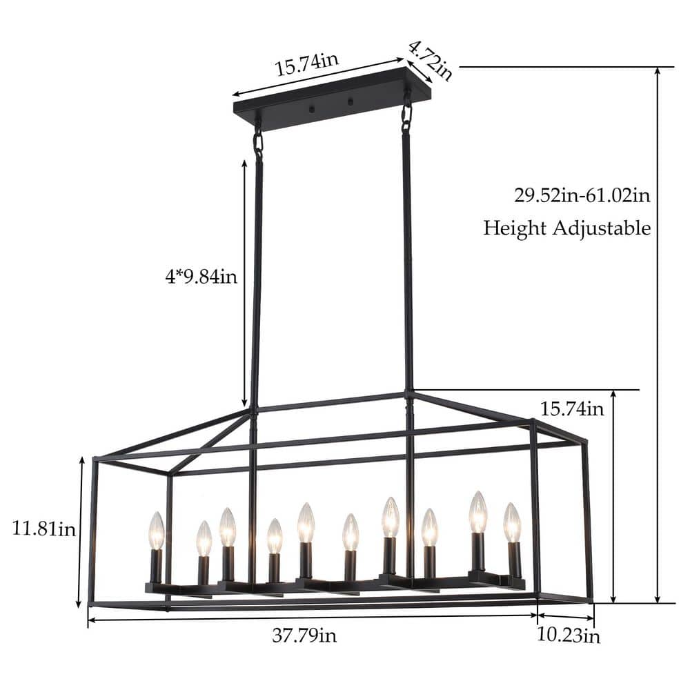 38 in. 10 - Light Black Rectangle Candle Chandelier Industrial Linear Dimmable Pendant for Dining Room, No Bulbs Included - Stu's Home Improvement Outlet