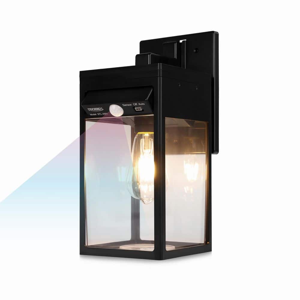 Modern Minimal Motion Sensing LED Outdoor Solar Edison Bulb Lantern-Style Wall Light Sconce in Matte Black