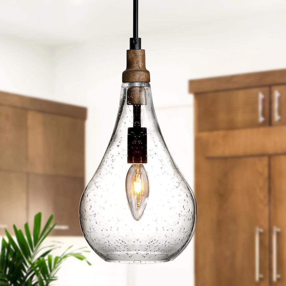 Modern Farmhouse Teardrop Kitchen Island Pendant Lighting Maya 1-Light Black Wood Pendant Light with Seeded Glass Shade