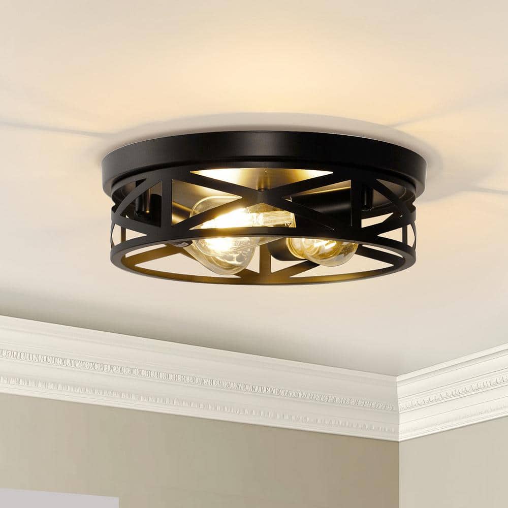 12.6 in. 3-Light Farmhouse Matte Black Flush Mount Ceiling Light with No Bulbs Included