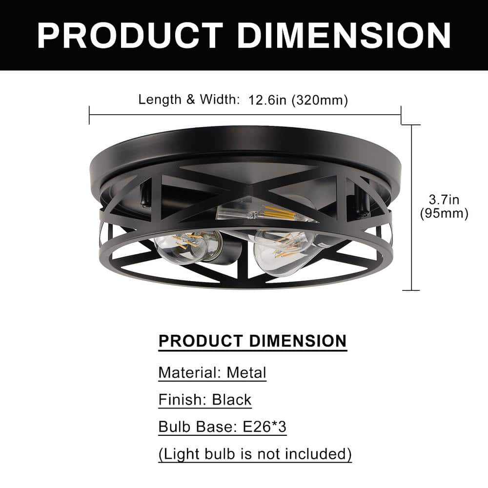 12.6 in. 3-Light Farmhouse Matte Black Flush Mount Ceiling Light with No Bulbs Included