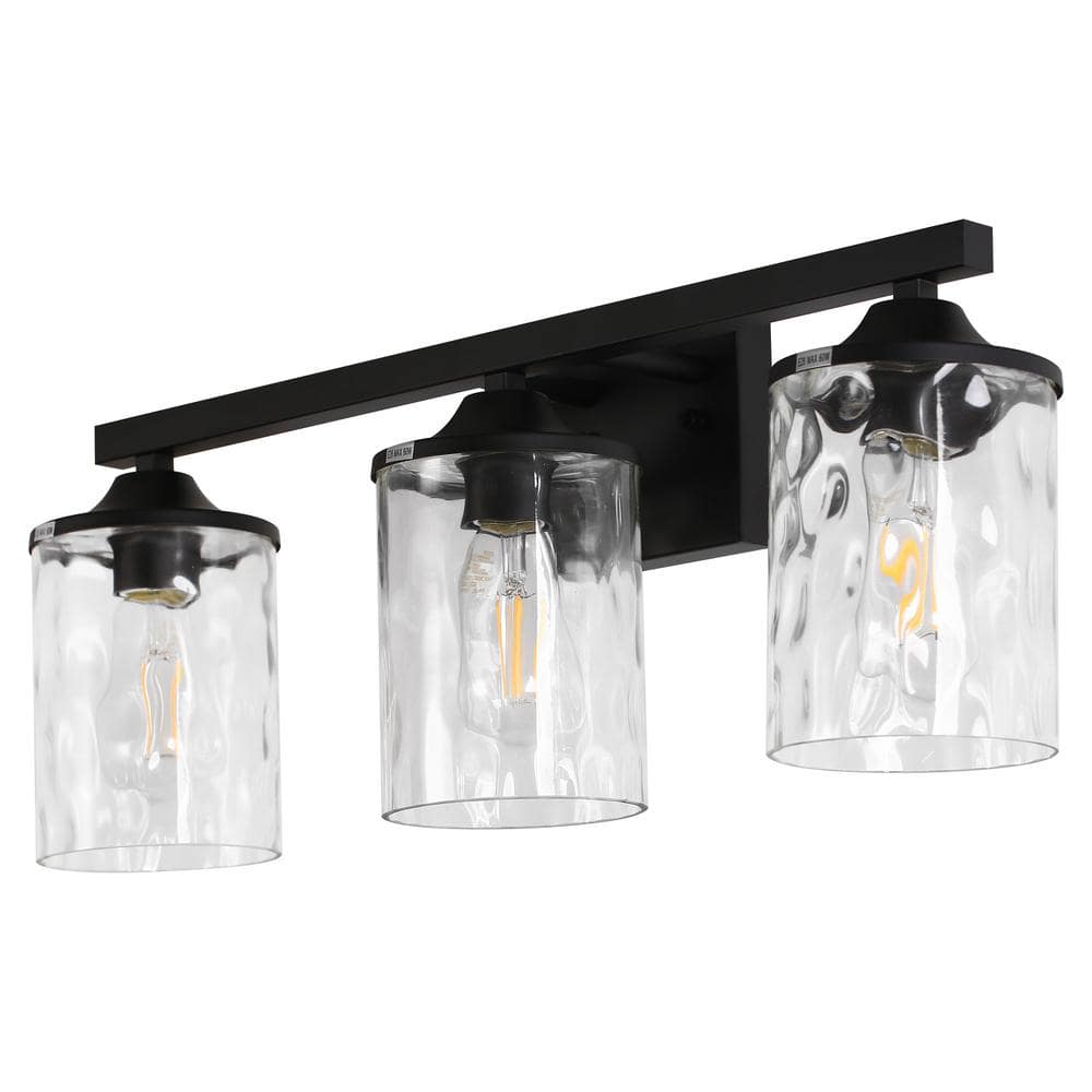 23 in. 3-Light Matte Black Modern Bathroom Vanity Light with Clear Hammered Glass Shades, Wall Mount Fixture