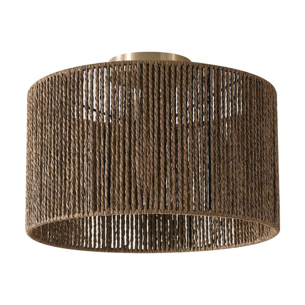 14 in. 1-Light Matte Brass Semi-Flush Mount Ceiling Light with Paper Twine Shade