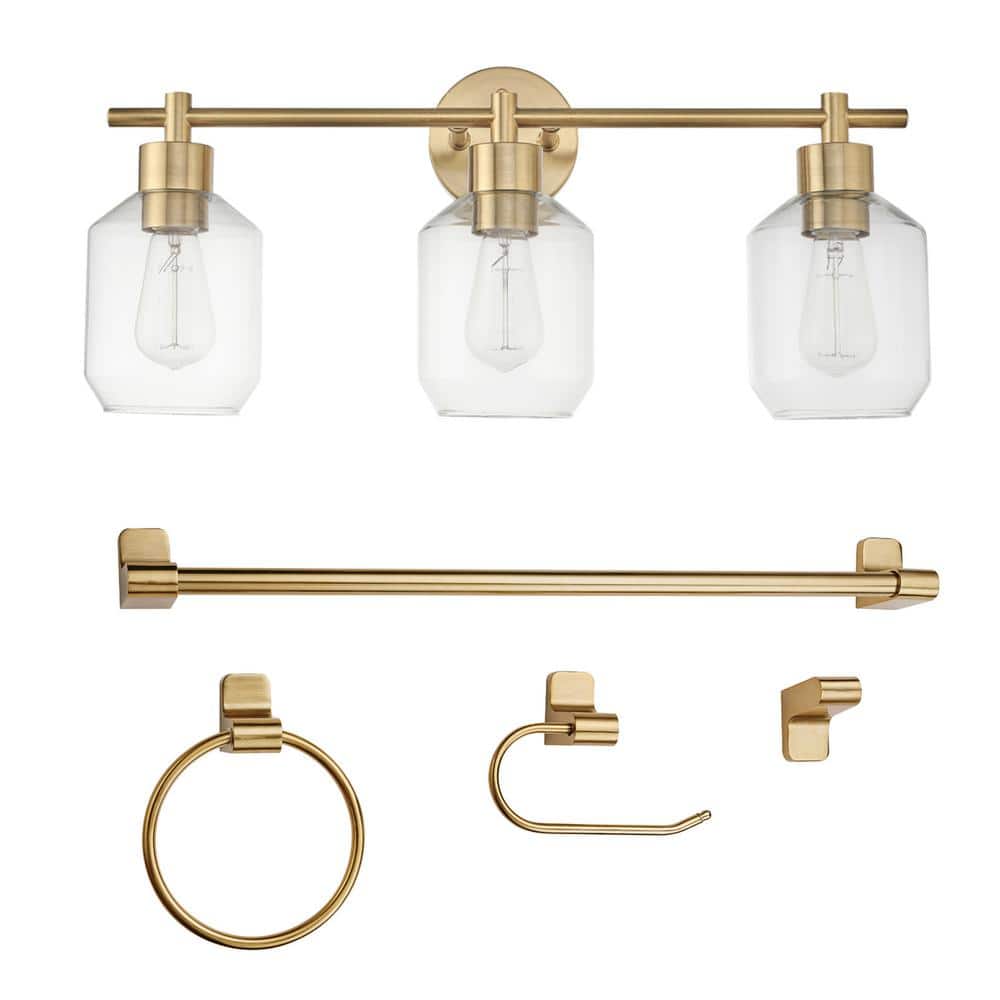 Cannes 24.5 in. 3 - Light Brass Vanity Light with Clear Glass Shades and Bath Set (5 - Piece) - Stu's Home Improvement Outlet