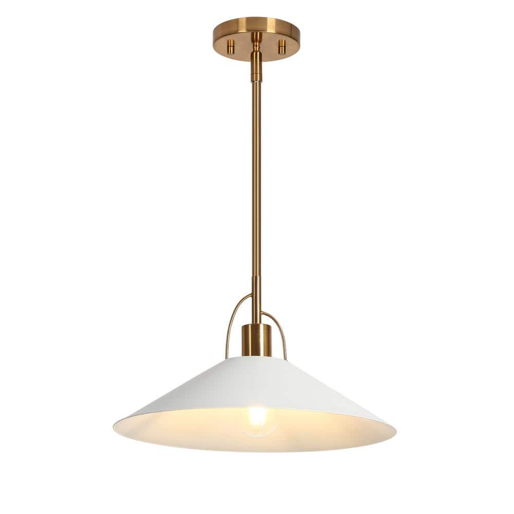 Modern Coastal Pendant Light 1 - Light Matte White Island Hanging Ceiling Light with Geometric Bell Shade and Brass Accent - Stu's Home Improvement Outlet