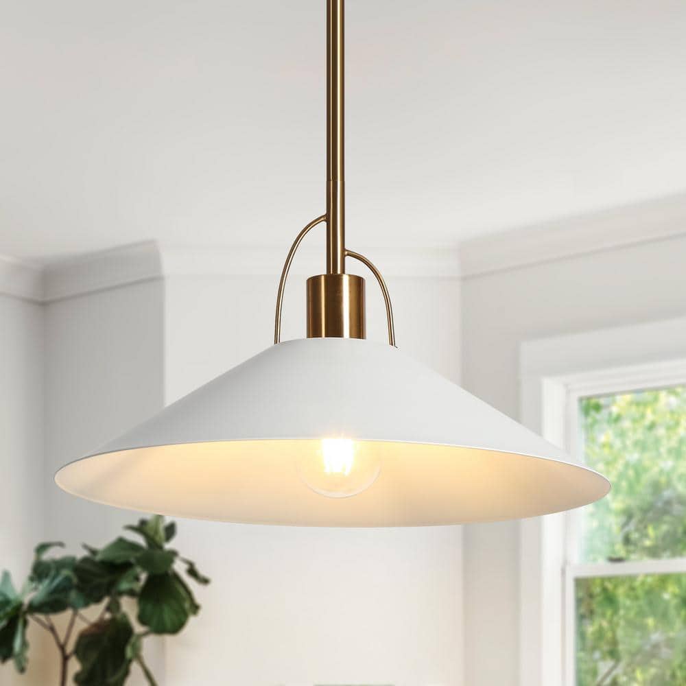 Modern Coastal Pendant Light 1 - Light Matte White Island Hanging Ceiling Light with Geometric Bell Shade and Brass Accent - Stu's Home Improvement Outlet