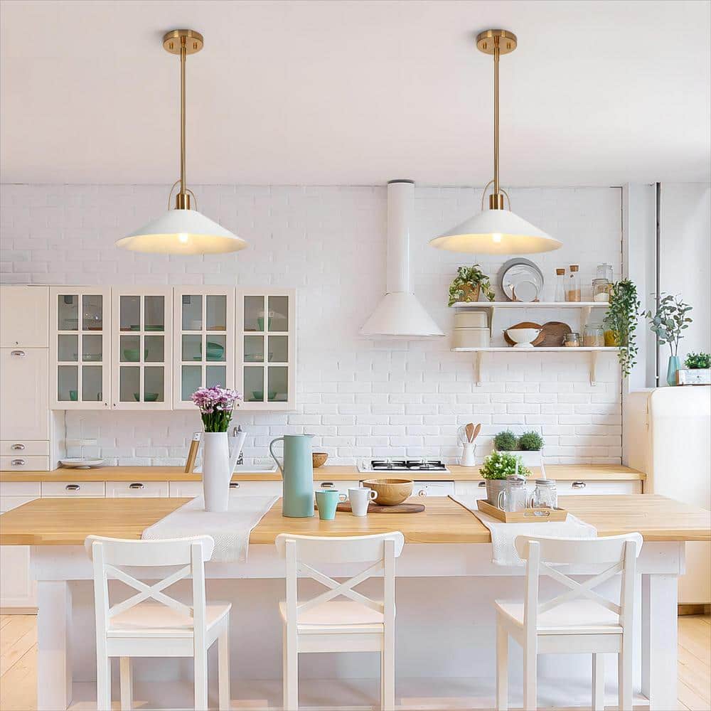 Modern Coastal Pendant Light 1 - Light Matte White Island Hanging Ceiling Light with Geometric Bell Shade and Brass Accent - Stu's Home Improvement Outlet