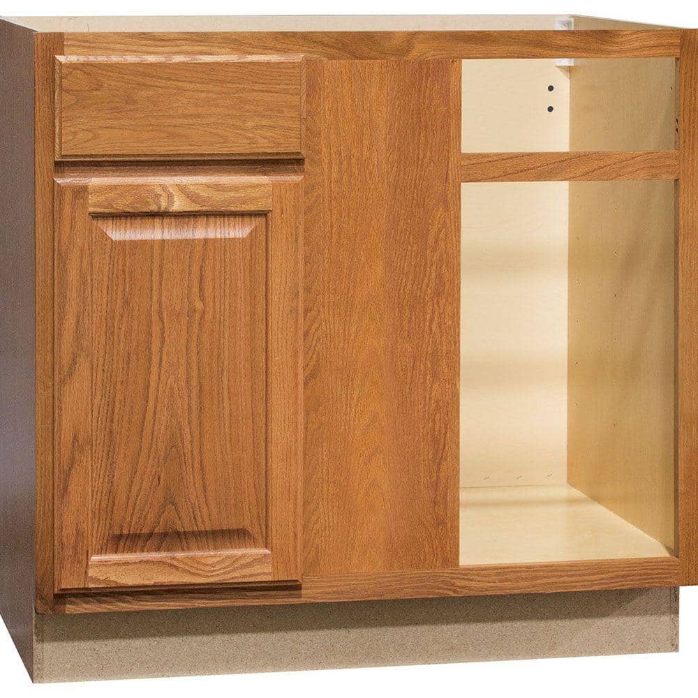 Hampton 36 in. W x 24 in. D x 34.5 in. H Assembled Blind Base Kitchen Cabinet in Medium Oak for Left or Right Corner - Stu's Home Improvement Outlet