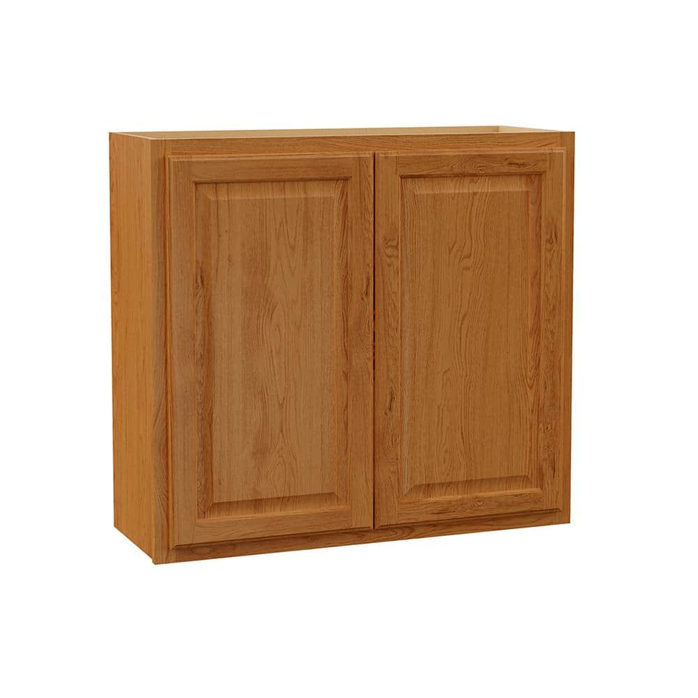 Hampton Bay Hampton 33 in. W x 12 in. D x 30 in. H Assembled Wall Cabinet in Medium Oak
