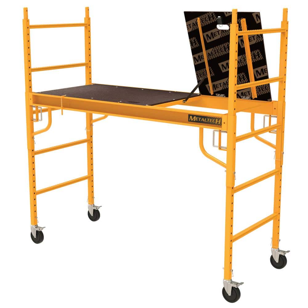 Yellow mobile scaffold with a black platform and adjustable height features.