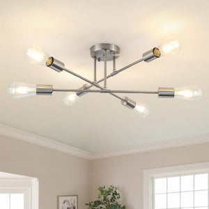 20.66 in. 6 - Light Nickel Dimmable Sputnik Chandelier Modern Linear Semi Flush Mount Ceiling Light for Office Living Room - Stu's Home Improvement Outlet