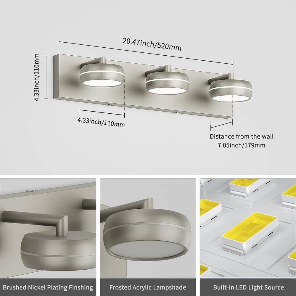 JUSHENG 20.47 in. 3 - Light Nickel LED Bathroom Vanity Light with Dimmable 5500K Light - Stu's Home Improvement Outlet