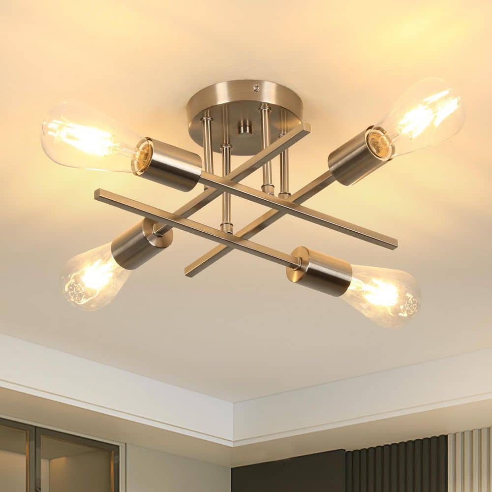 16 in. 4 - Light Modern Sputnik Linear Nickel Metal Industrial Farmhouse Semi - Flush Mount Ceiling Lights Chandelier Light - Stu's Home Improvement Outlet