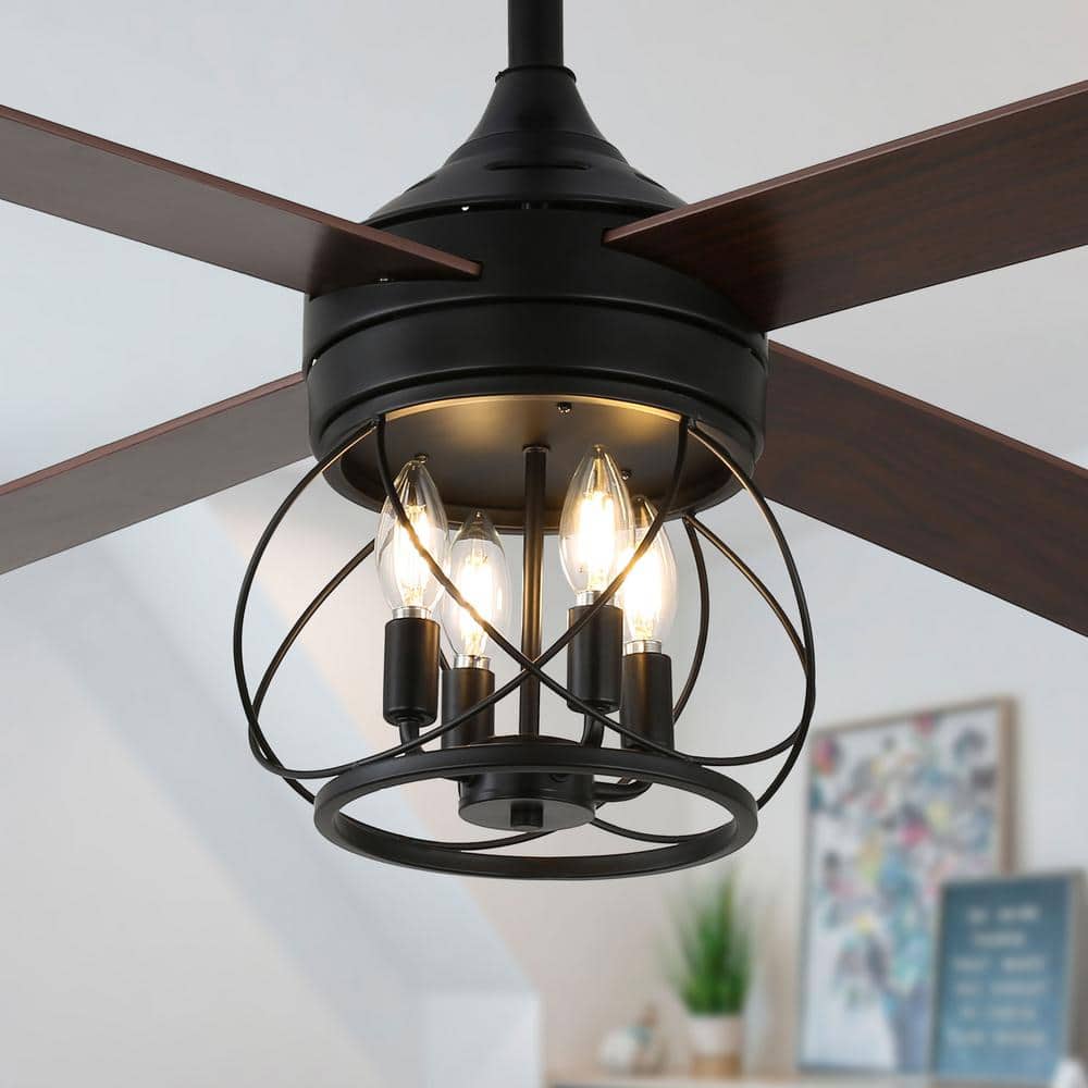 Faria 52 in. Indoor Black 4 - Light Rustic Modern Ceiling Fan with Lights, Scandi 6 - Speed Reversible Ceiling Fan w/ Remote - Stu's Home Improvement Outlet