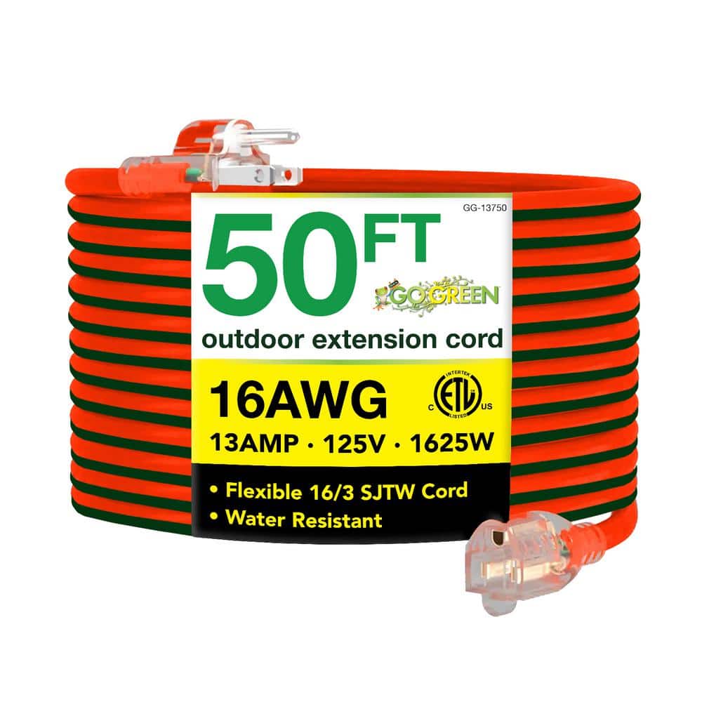 50 ft. 16/3 SJTW Outdoor Extension Cord - Orange with Lighted Green Ends - Stu's Home Improvement Outlet