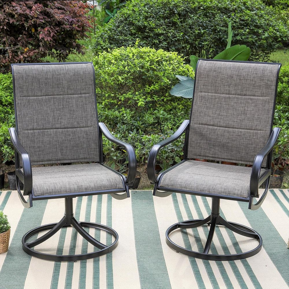 Black Swivel Padded Textilene Metal Outdoor Dining Chair with Curve Arms (2-Pack)