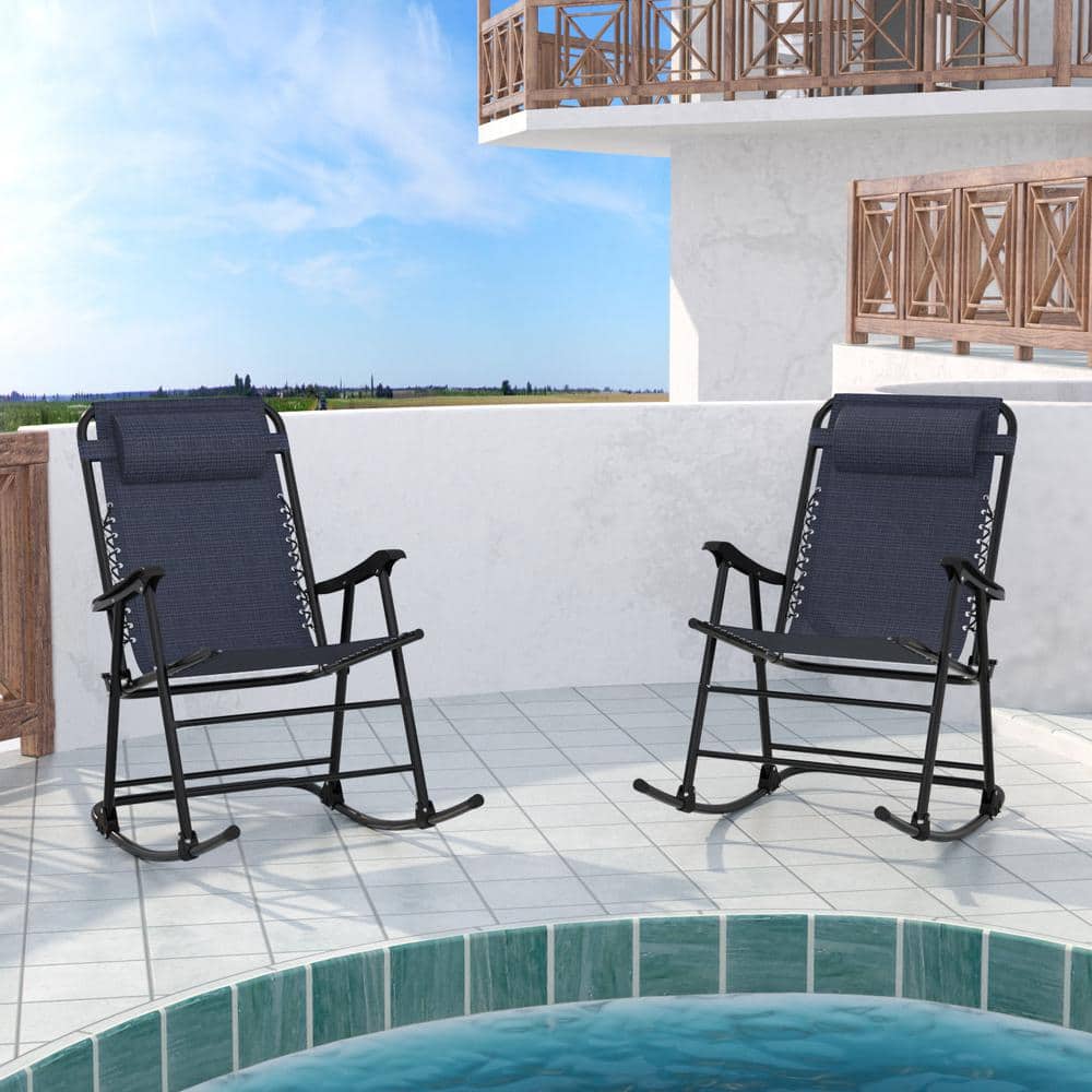 Navy Metal Outdoor Rocking Chair Folding Light-weight Portable Design, with Headrest