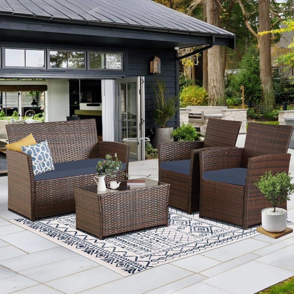 4 - Piece Patio Furniture Set Outdoor Wicker Conversation with Midnight - Blue Cushions and Coffee Table for Apt,Porch,Yard - Stu's Home Improvement Outlet