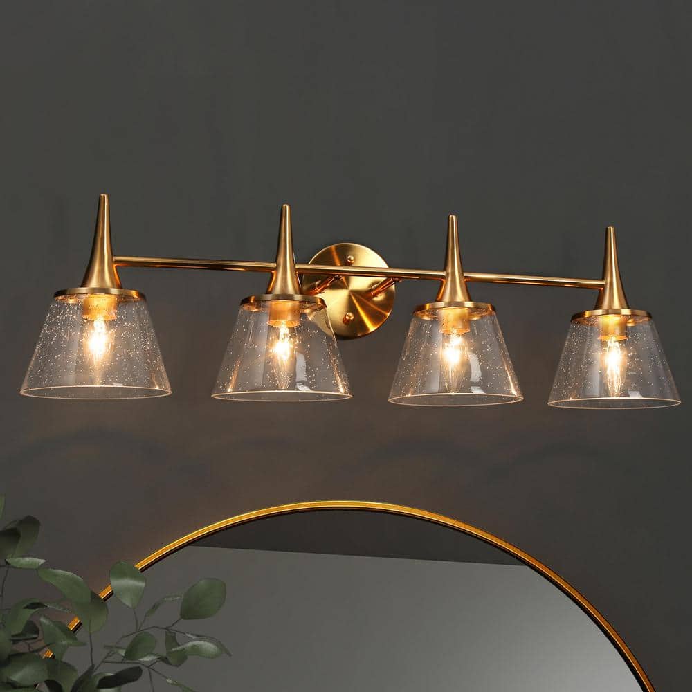 Modern Classic Brass Bell Bathroom Vanity Lighting 29 in. 4-Light Powder Room Wall Sconce with Clear Seedy Glass Shades