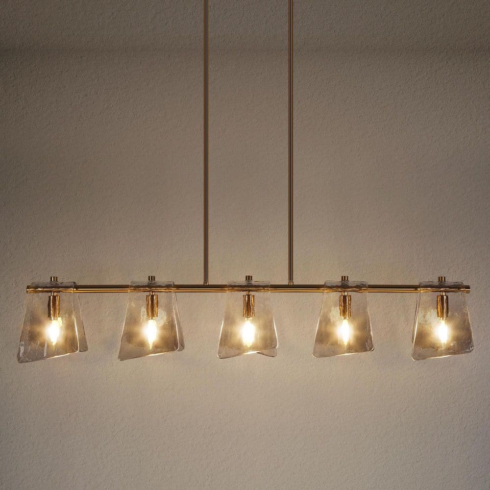 41.5 in. 5 - Light Plated Brass Linear Island Chandelier with Geometric Gray Glass, Modern Dining Room Kitchen Pendant - Stu's Home Improvement Outlet