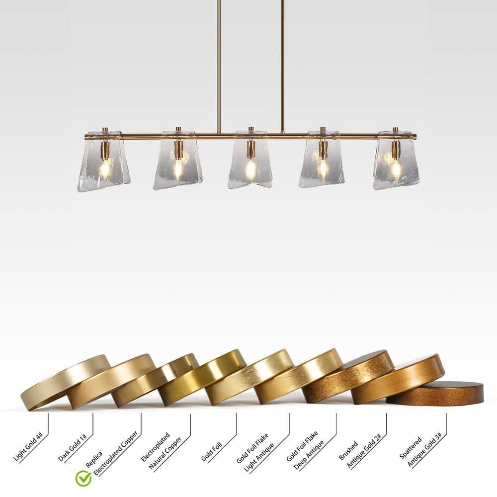 41.5 in. 5 - Light Plated Brass Linear Island Chandelier with Geometric Gray Glass, Modern Dining Room Kitchen Pendant - Stu's Home Improvement Outlet