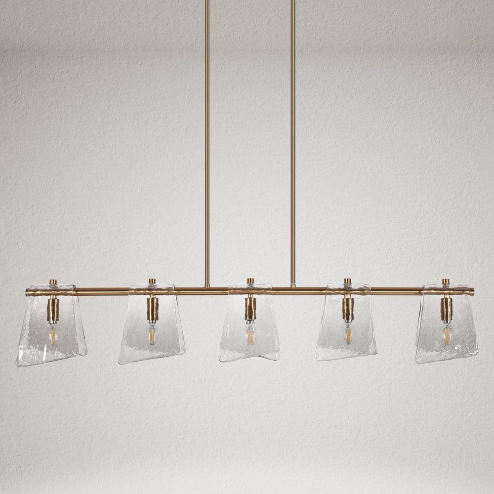 41.5 in. 5 - Light Plated Brass Linear Island Chandelier with Geometric Gray Glass, Modern Dining Room Kitchen Pendant - Stu's Home Improvement Outlet