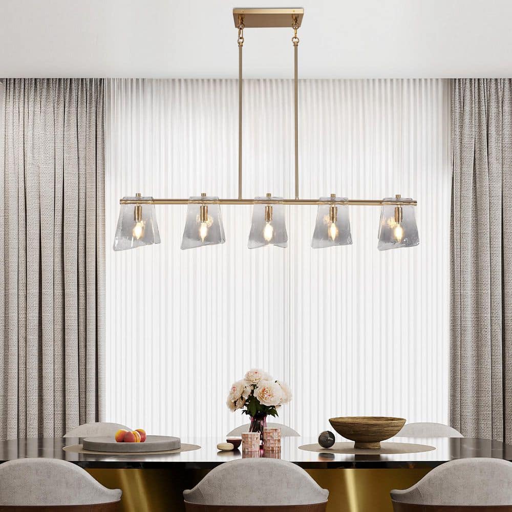 41.5 in. 5 - Light Plated Brass Linear Island Chandelier with Geometric Gray Glass, Modern Dining Room Kitchen Pendant - Stu's Home Improvement Outlet