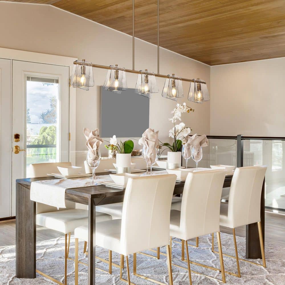 41.5 in. 5 - Light Plated Brass Linear Island Chandelier with Geometric Gray Glass, Modern Dining Room Kitchen Pendant - Stu's Home Improvement Outlet