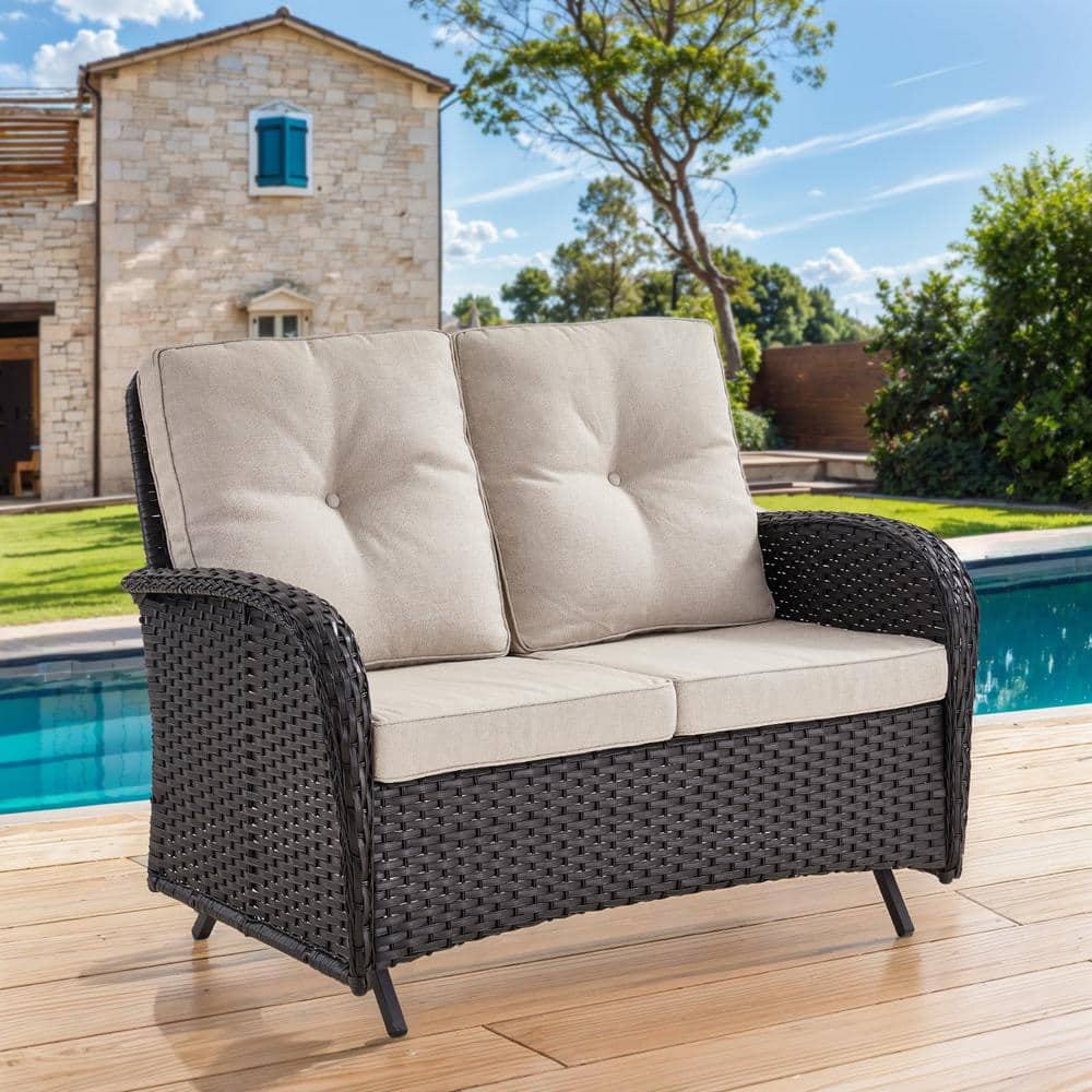 2-Person Black Wicker Patio Outdoor Glider with CushionGuard Beige Cushions