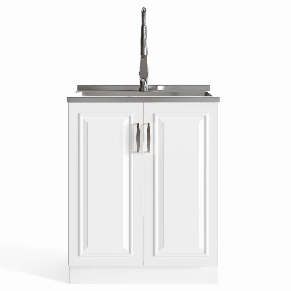 Darwin Contemporary 28 in. Deluxe Laundry Cabinet with Pull-out Faucet and Stainless Steel Sink in Pure White