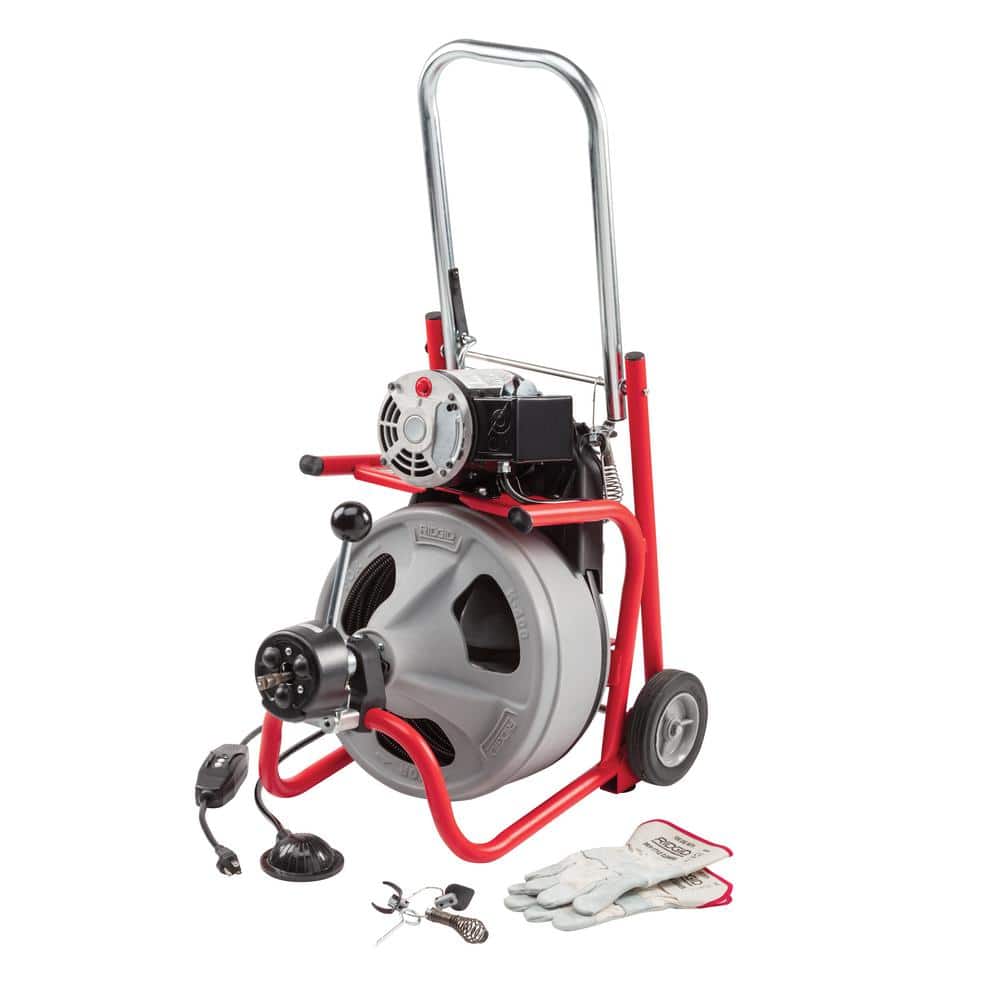 K-400 AutoFeed Drain Cleaning Snake Auger 120-Volt Drum Machine and C-32IW 3/8 in. x 75 ft. Cable + Tool Set & Gloves