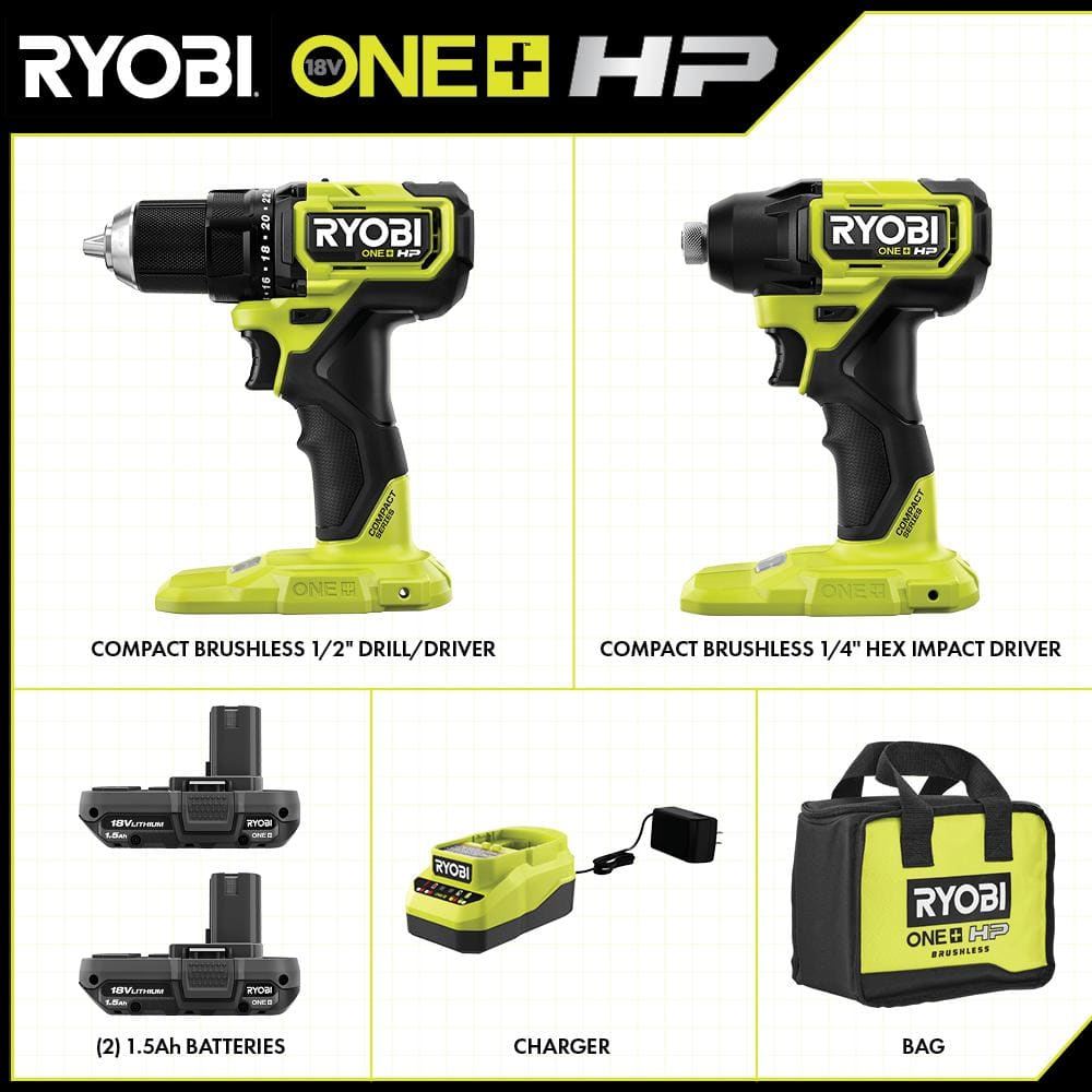 ONE+ HP 18V Brushless Cordless Compact 1/2 in. Drill and Impact Driver Kit with (2) 1.5 Ah Batteries, Charger, and Bag - Stu's Home Improvement Outlet