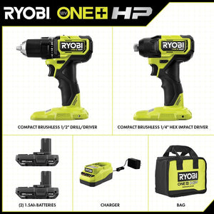 ONE+ HP 18V Brushless Cordless Compact 1/2 in. Drill and Impact Driver Kit with (2) 1.5 Ah Batteries, Charger, and Bag - Stu's Home Improvement Outlet