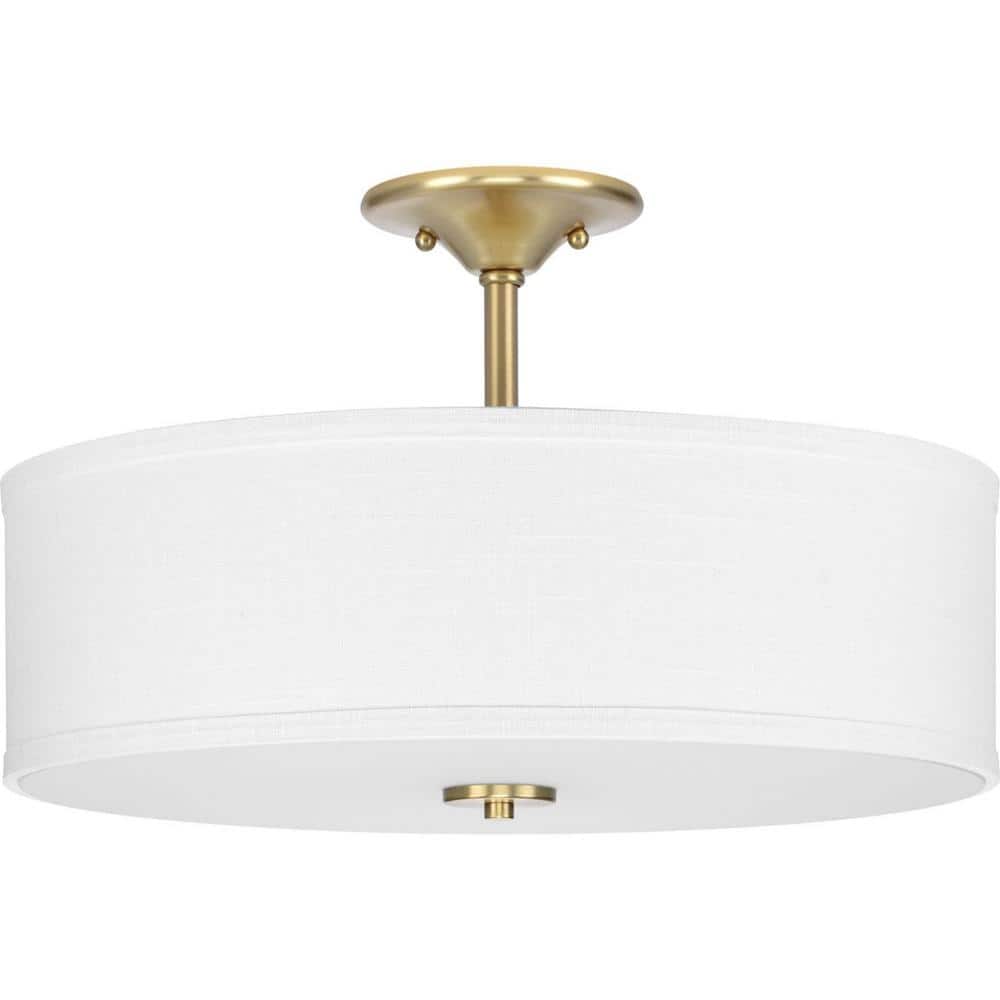 Inspire 18 in. 3-Light Satin Brass Semi-Flush Mount Ceiling Light with Summer Linen Shade