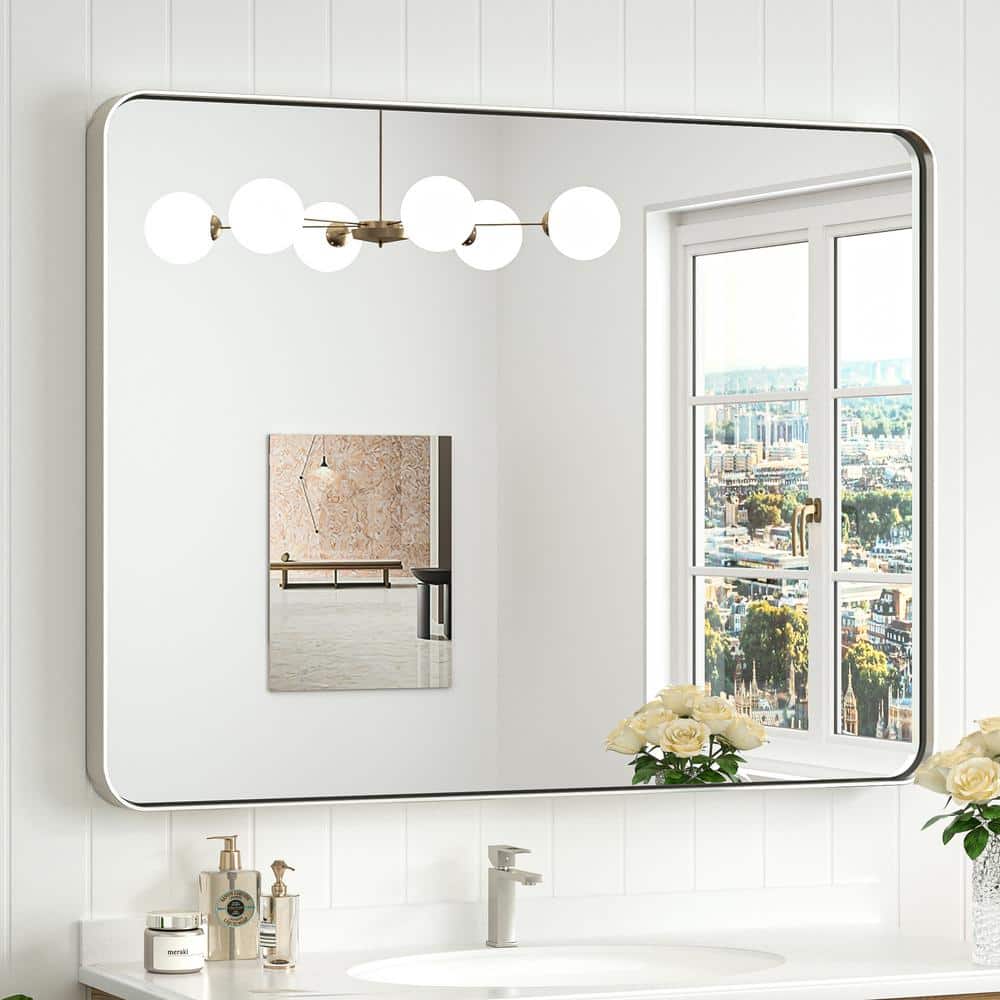 40 in. W. x 30 in. H Modern Rectangular Silver Gray Aluminum Framed Wall Bathroom Vanity Mirror - Stu's Home Improvement Outlet