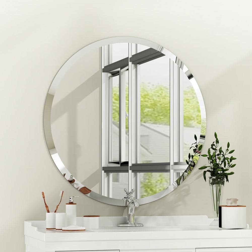 24 in. W x 24 in. H Frameless Round Beveled Edge Single Mirror in Silver