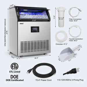 25 in. 200 lbs. Per Day Freestanding Ice Maker in Silver 90 Ice Cubes/Cycle with Water Filter and Interior Blue Light - Stu's Home Improvement Outlet