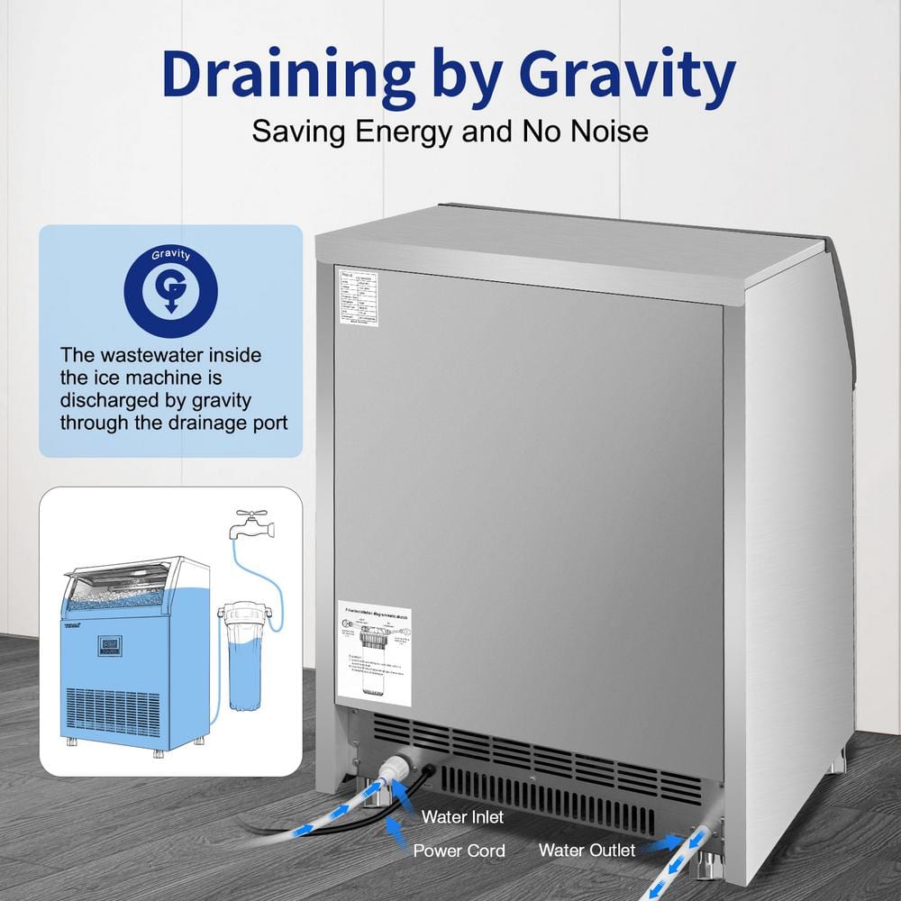 25 in. 200 lbs. Per Day Freestanding Ice Maker in Silver 90 Ice Cubes/Cycle with Water Filter and Interior Blue Light - Stu's Home Improvement Outlet
