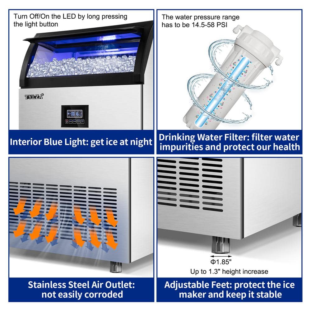 25 in. 200 lbs. Per Day Freestanding Ice Maker in Silver 90 Ice Cubes/Cycle with Water Filter and Interior Blue Light - Stu's Home Improvement Outlet